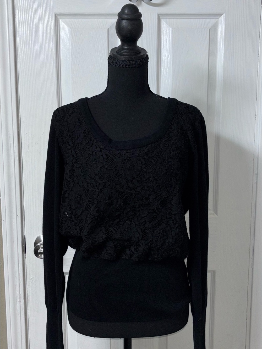 Elle Black Lace Front Long Sleeve Top